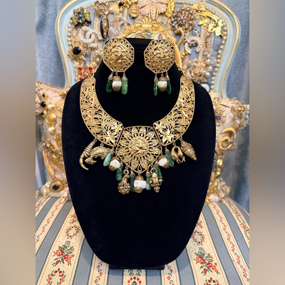 Custom Made Jose Barrera/ Miriam Haskell Elegant Gold and Green Jewelry Set